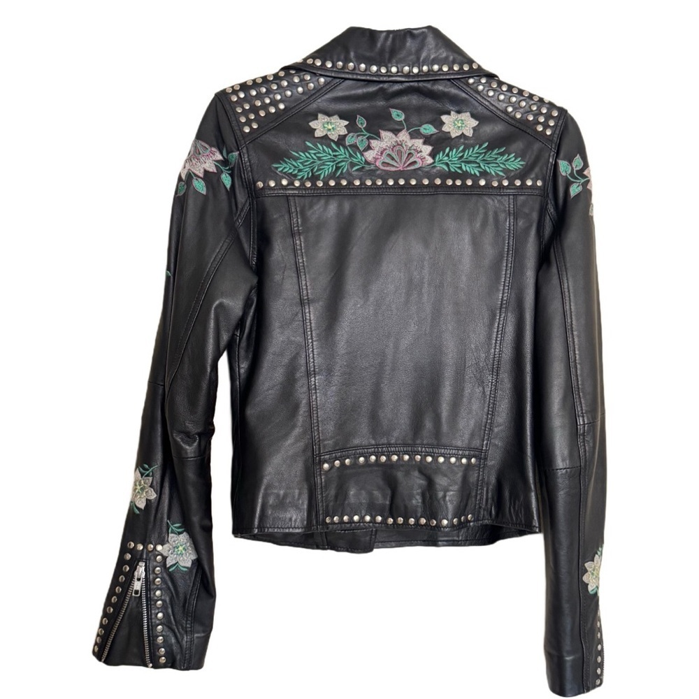 Barney's Original Floral Embroidered Studded 100% Leather Jacket Size 8 Motto - Picture 3 of 16